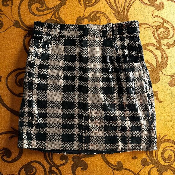 MARCELLA ACOSTA Gold Black Sequin Plaid Holiday Skirt Size Small / US 27 - Picture 1 of 8
